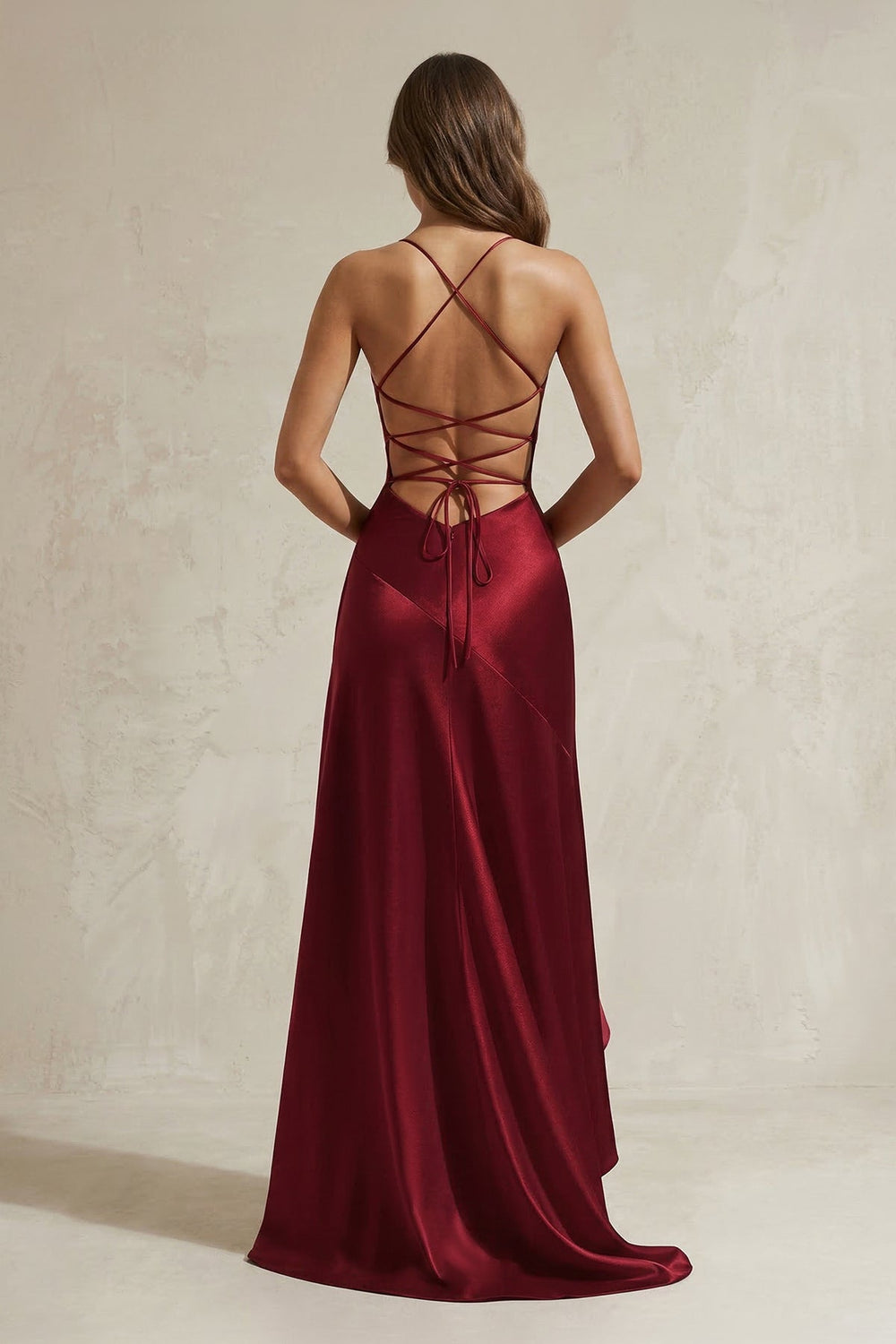 Mermaid High-Low Satin Ruffled Long Prom Dress in Burgundy