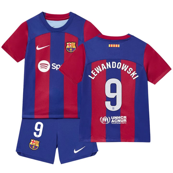 FC Barcelona Robert Lewandowski 9 Kids Home Soccer Jersey 2023/24
