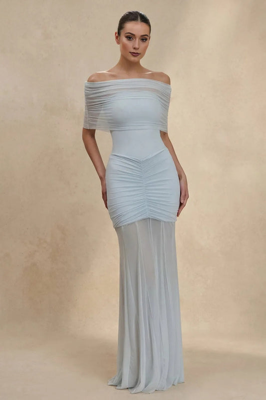 Off The Shoulder Pleated Midi Dress in Sky Blue