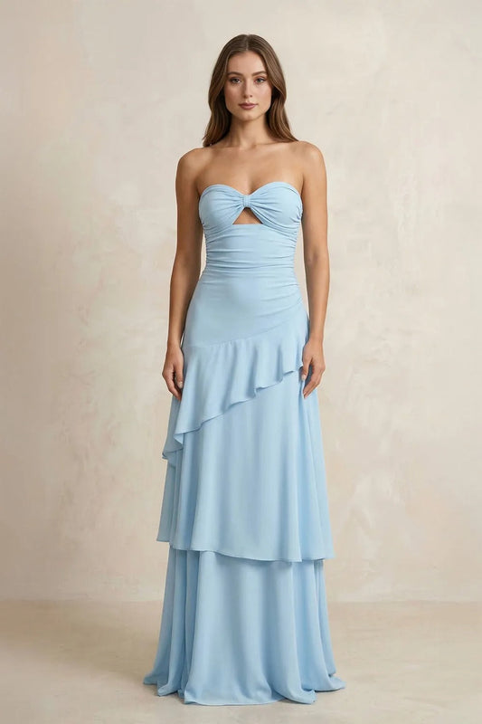 Sweetheart A-Line Ruffled Chiffon A-Line Long Prom Dress in Sky Blue
