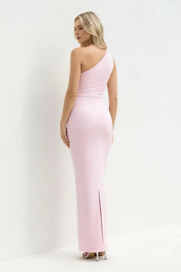 One Shoulder Ruched Sheath Maxi Dress in Blush