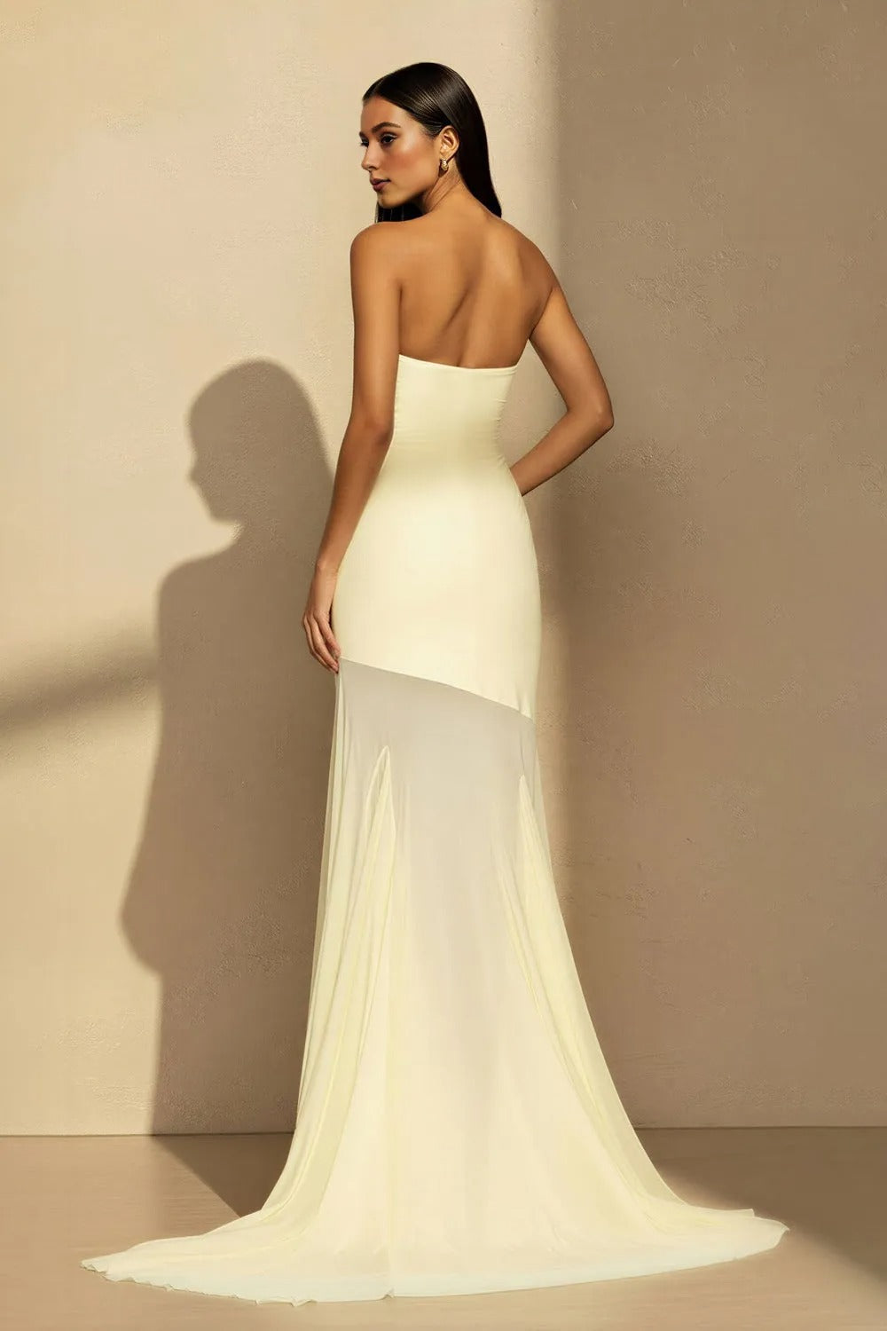 Strapless Sheer-Panel Maxi Dress in Yellow